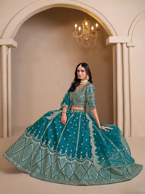 Rajwada Teal Art Silk Embroidered Semi-Stitched lehenga For Women
