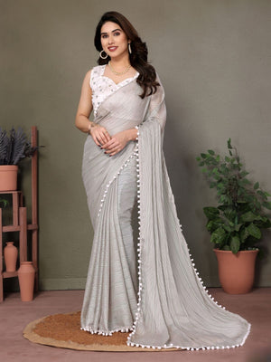 Rajwada Grey Banglori Lace Work Saree With Unstitched Blouse For Women