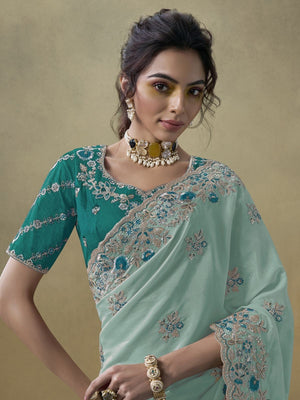 Rajwada Sea Green Georgette Embroidered Elegant Saree For Women