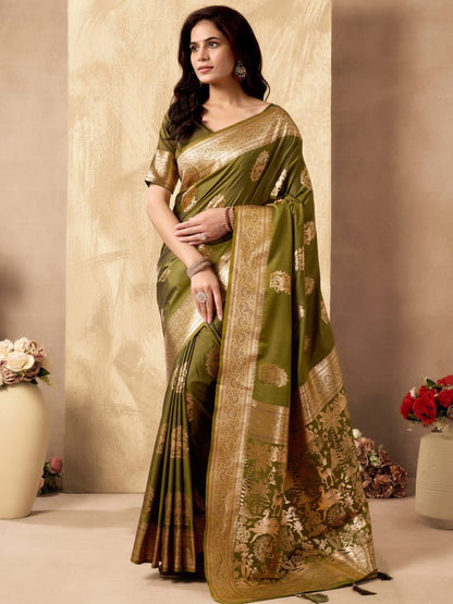 Rajwada Olive Green Silk Blend Solid Saree For Women