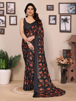 Rajwada Black Georgette Printed Saree For Women
