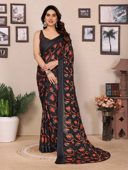 Rajwada Black Georgette Printed Saree For Women