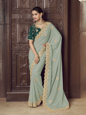 Rajwada Green Crepe Embroidered Elegant Saree For Women