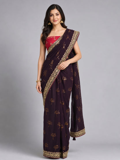 Wine Georgette Embellished Saree