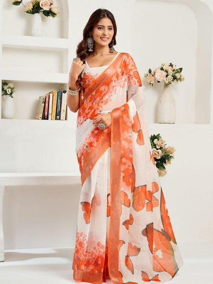 Rajwada White And Orange Cotton Linen Zari Work Saree For Women