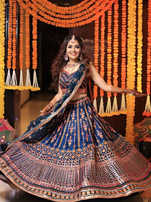 Rajwada Blue Silk Blend Embroidered Semi-Stitched lehenga For Women