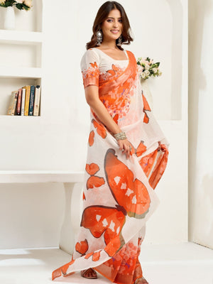 Rajwada White And Orange Cotton Linen Zari Work Saree For Women