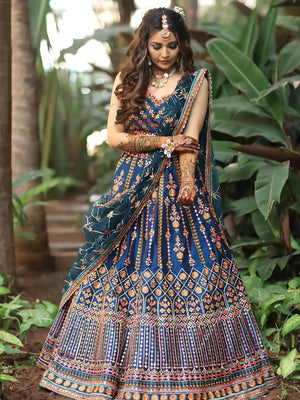 Rajwada Blue Silk Blend Embroidered Semi-Stitched lehenga For Women