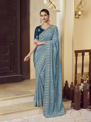 Rajwada Sky Blue Georgette Embroidered Elegant Saree For Women