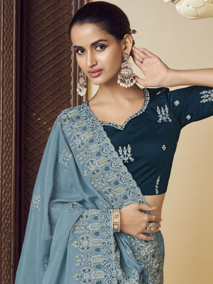 Rajwada Sky Blue Georgette Embroidered Elegant Saree For Women