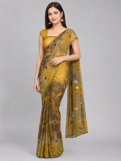 Olive Silk Blend Embellished Saree