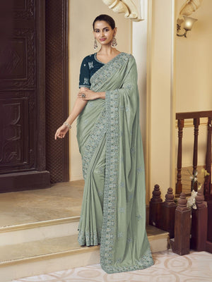Rajwada Dusty Green Georgette Embroidered Elegant Saree For Women