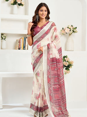 Rajwada White And Dark Mauve Cotton Linen Zari Work Saree For Women