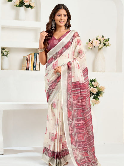 Rajwada White And Dark Mauve Cotton Linen Zari Work Saree For Women