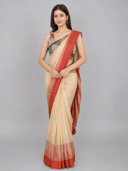 Cream Cotton Blend Solid Saree