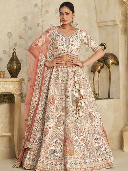 Rajwada Cream Silk Blend Embroidered Semi-Stitched Lehenga For Women