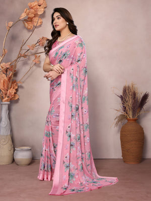Rajwada Pink Satin Printed Saree With Unstitched Blouse For Women