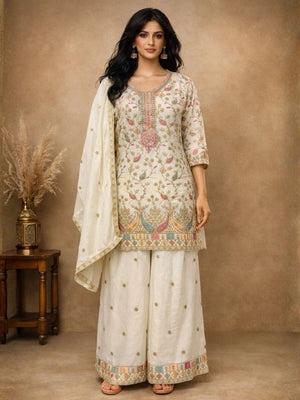 Rajwada White Chinon Embroidered Semi-Stitched Kurta Set For Women