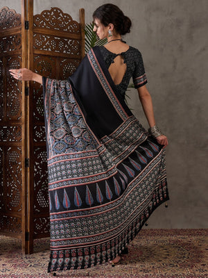 Rajwada Black Silk Blend Printed Elegant Saree For Women