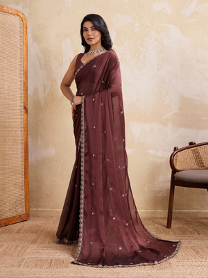 Rajwada Brown Silk Blend Embroidered Saree For Women