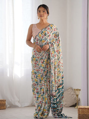 Rajwada White Georgette Printed Saree For Women