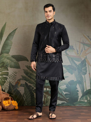 Rajwada Black Silk Blend Embroidered Stitched Kurta Set For Men