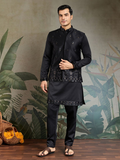Rajwada Black Silk Blend Embroidered Stitched Kurta Set For Men