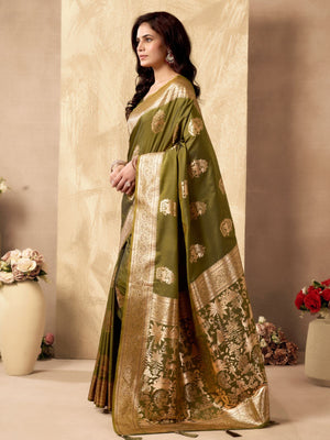 Rajwada Olive Green Silk Blend Solid Saree For Women