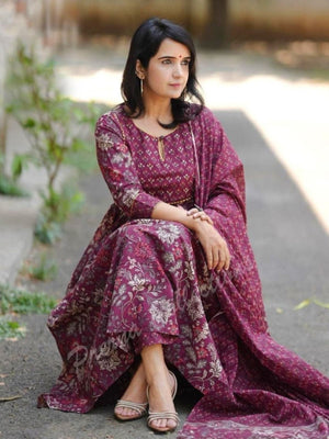 Rajwada Purple Rayon Printed Stitched Kurta Set For Women