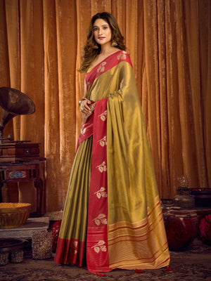 Rajwada Golden And Red Silk Blend Solid Saree For Women