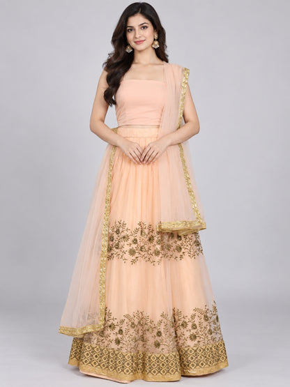 Peach Net Embroidered Lehenga