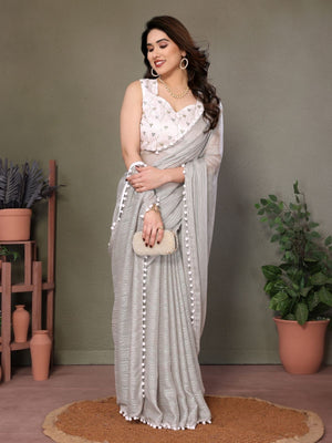 Rajwada Grey Banglori Lace Work Saree With Unstitched Blouse For Women