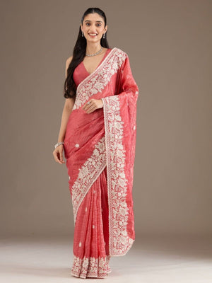 Rajwada Peach Crush Embellished Saree For Women