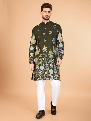 Rajwada Olive Viscose Rayon Stitched Kurta For Men