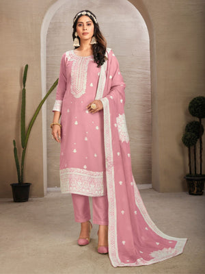 Rajwada Pink Organza Embroidered Semi-Stitched Kurta Set For Women