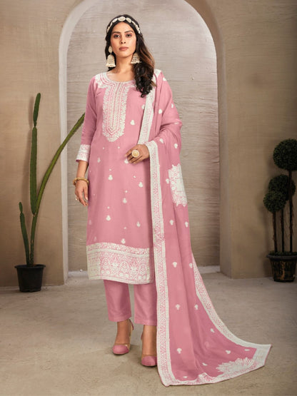 Rajwada Pink Organza Embroidered Semi-Stitched Kurta Set For Women