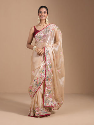 Rajwada Ivory Organza Embroidered Solid Saree For Women