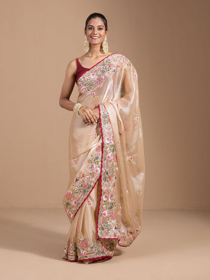 Rajwada Ivory Organza Embroidered Solid Saree For Women