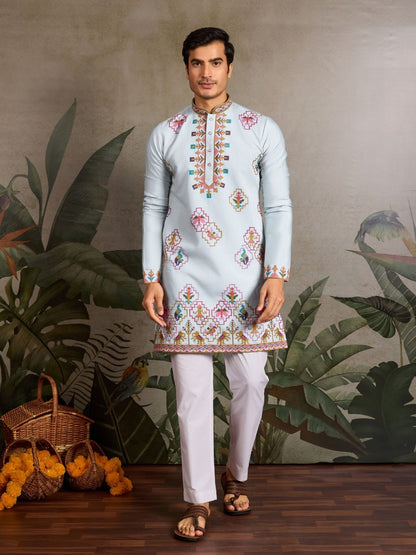 Rajwada Sky Blue Silk Blend Embroidered Stitched Kurta For Men