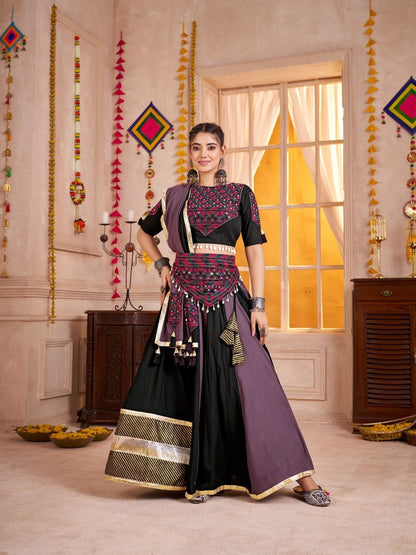 Rajwada Black And Mauve Cotton Blend Solid With Golden Border Semi-Stitched Lehenga For Women