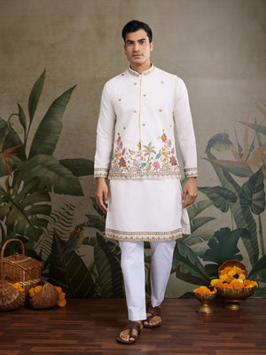 Rajwada White Cotton Blend Embroidered Stitched Kurta For Men