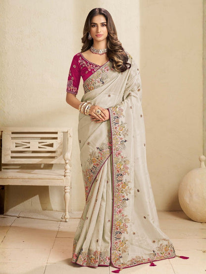 Rajwada Off White Satin Embroidered Saree For Women
