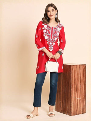 Rajwada Pink Rayon Embroidered Kurti For Women