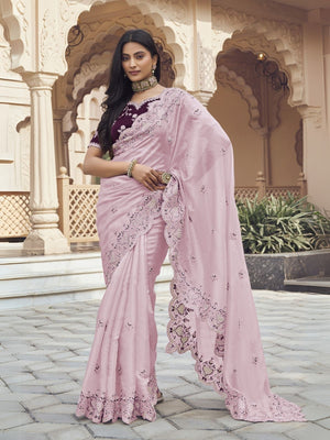 Rajwada Light Pink Silk Blend Embellished Elegant Saree For Women