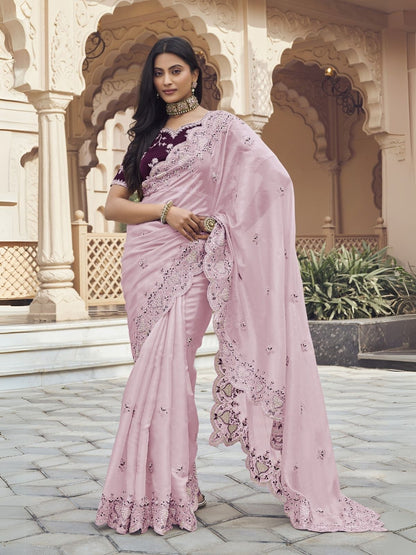 Rajwada Light Pink Silk Blend Embellished Elegant Saree For Women