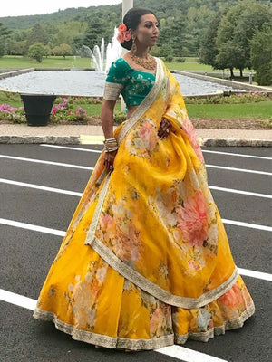 Rajwada Yellow Organza Printed Semi-Stitched lehenga For Women