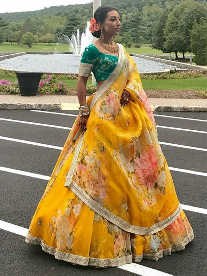 Rajwada Yellow Organza Printed Semi-Stitched lehenga For Women