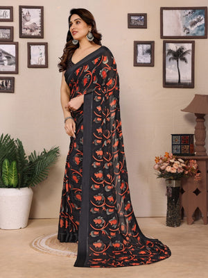 Rajwada Black Georgette Printed Saree For Women