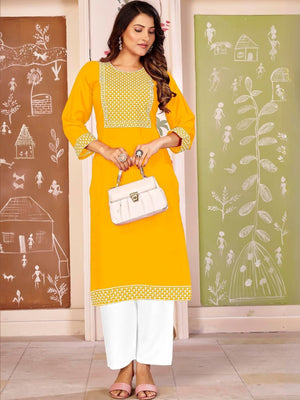 Rajwada Yellow Rayon Embroidered Kurta For Women
