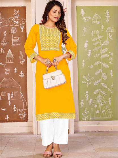 Rajwada Yellow Rayon Embroidered Kurta For Women
